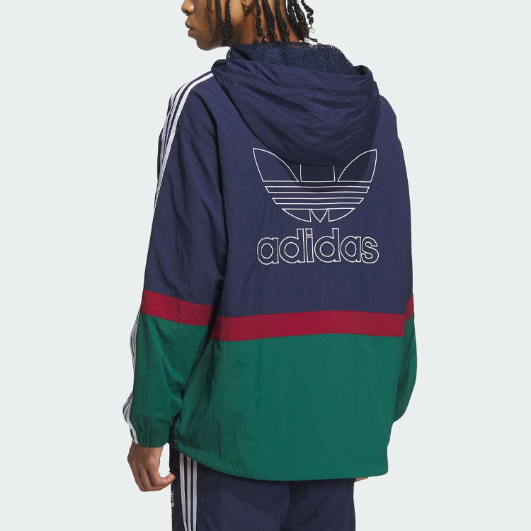 Shop adidas Originals 男款 海軍拼接條紋印花連帽運動外套。 IN0995