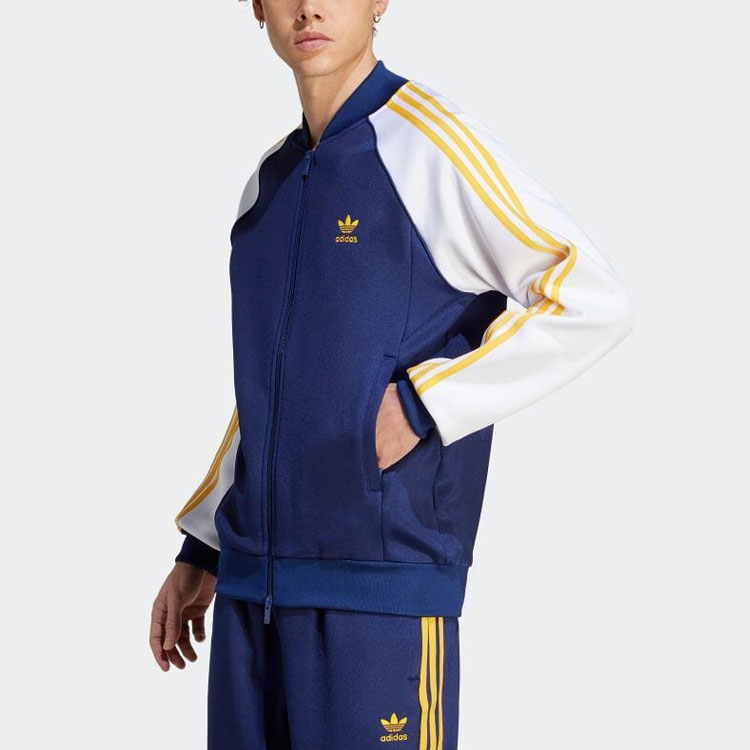 Lookbook 阿迪达斯三叶草男款复古三条纹拼色夹克海军蓝 IM4460