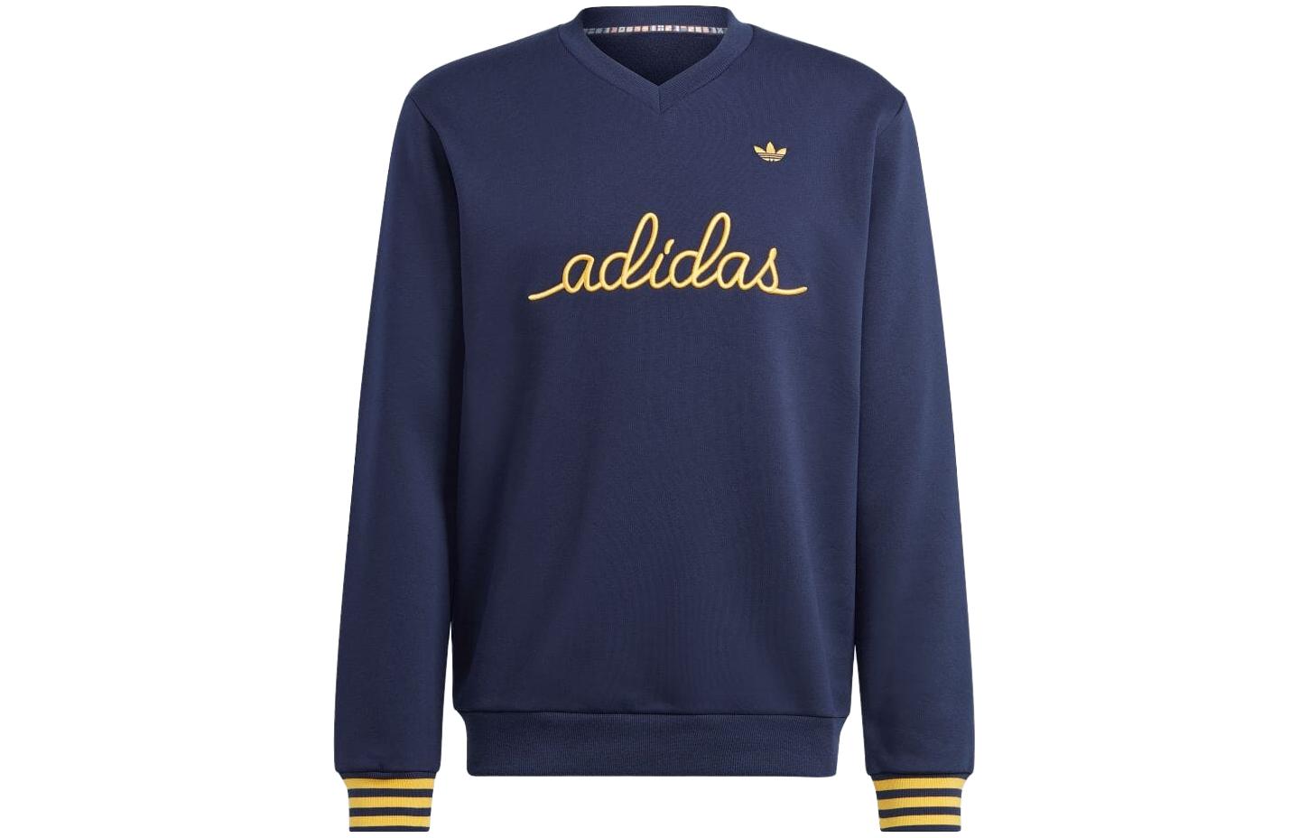 adidas Originals Striped Pullover Sweatshirt Navy Blue Embroidered Logo IR7596