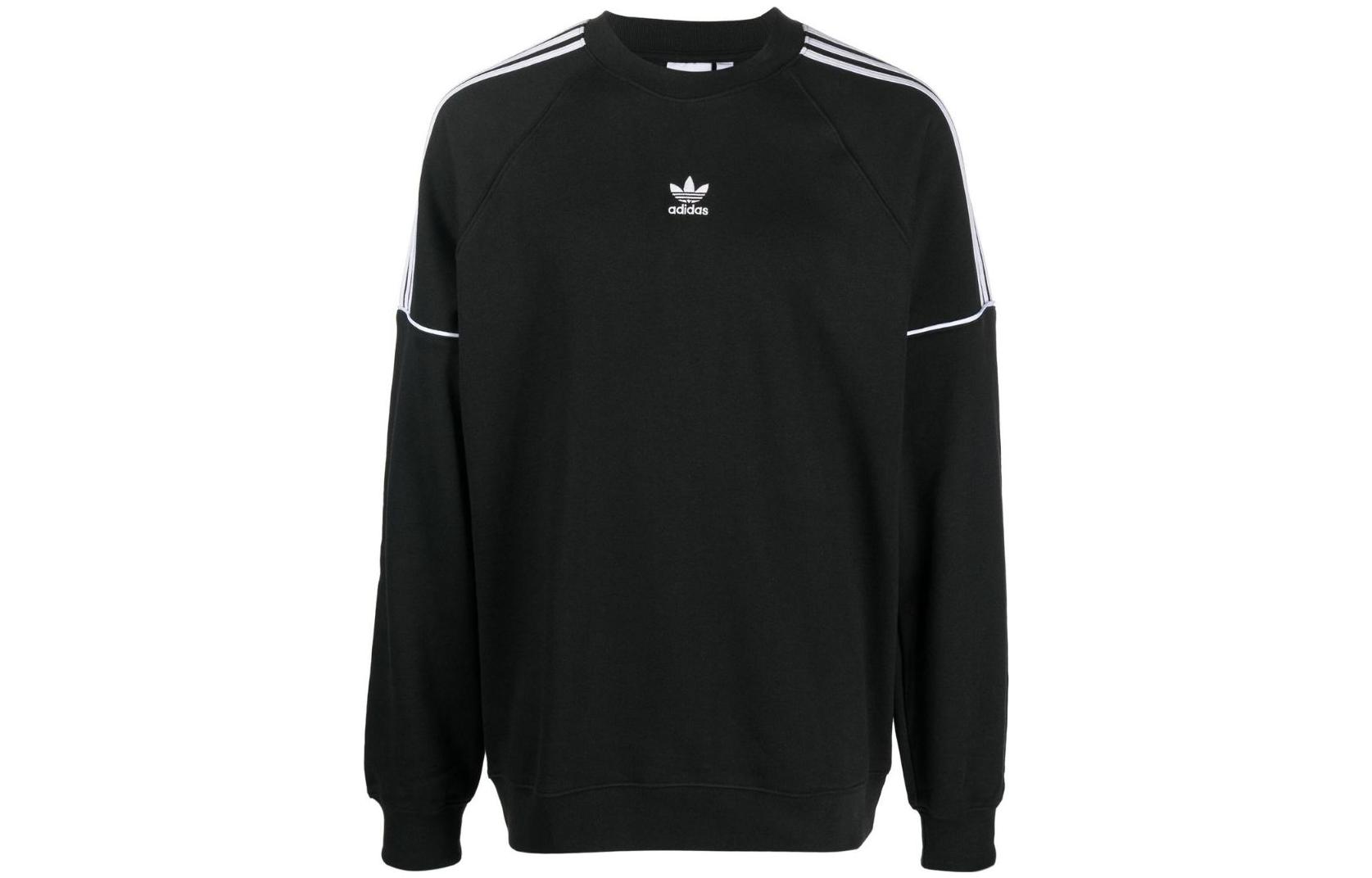 adidas Originals Trefoil Logo Embroidered 3-Stripes Crewneck Sweatshirt Black Men HK7344