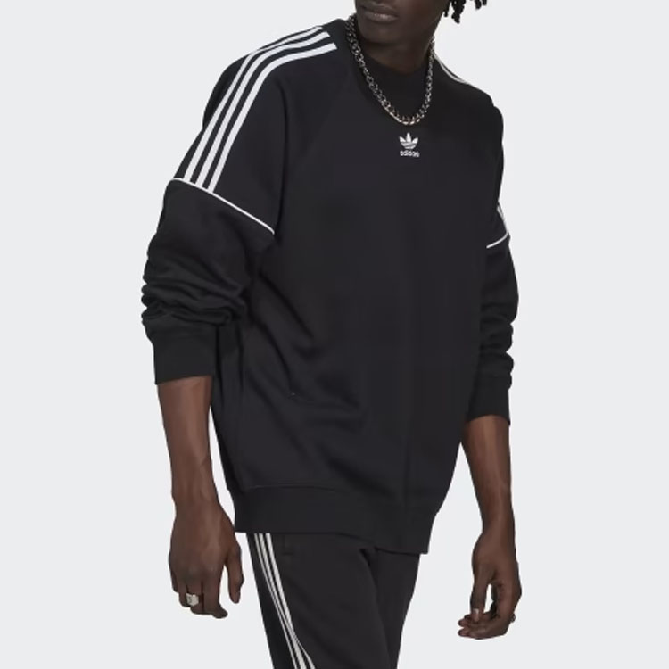 Sizing adidas Originals 三葉草刺繡三條紋黑色男士圓領運動衫 HK7344