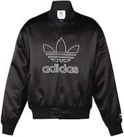 adidas Originals Trefoil Logo Embroidered Satin Jacket Black Fall Style H09165 adidas Originals Trefoil Logo Embroidered Satin Jacket Black Fall Style H09165