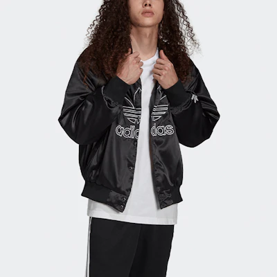 阿迪达斯三叶草刺绣标志缎面夹克黑色秋季款 H09165 Shop 阿迪达斯三叶草刺绣标志缎面夹克黑色秋季款 H09165
