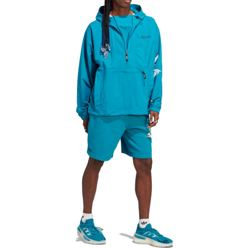 Lookbook アディダスオリジナルス トレフォイルロゴ ハーフジップフーディー ブルーグリーン HZ1153