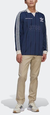アディダス オリジナルス トレフォイル ロゴ ストライプ 長袖 ポロシャツ ブルー メンズ. HN1676 Lookbook アディダス オリジナルス トレフォイル ロゴ ストライプ 長袖 ポロシャツ ブルー メンズ. HN1676