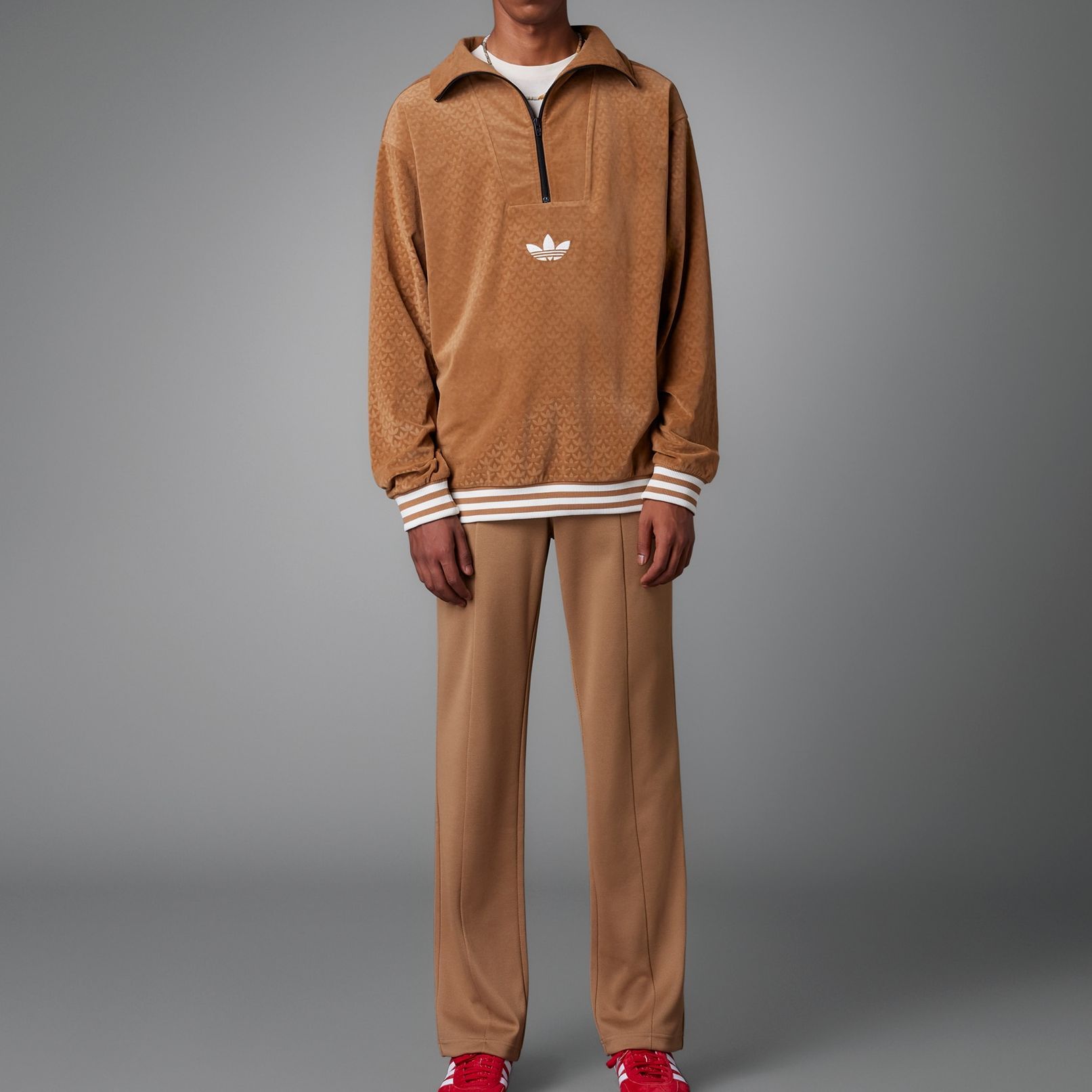 Details for adidas Originals 三葉草反光天鵝絨半拉鍊棕色長袖上衣 IB3421