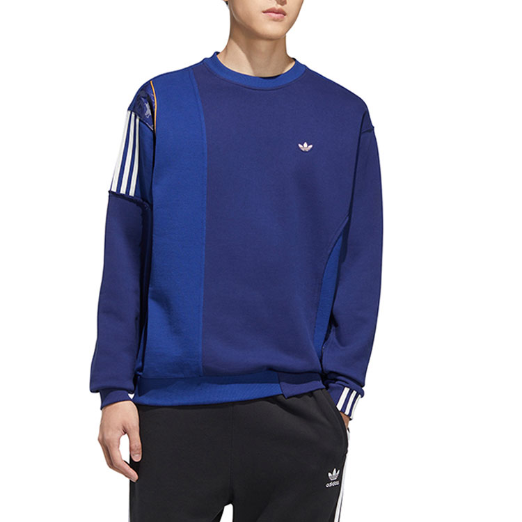 Lookbook adidas Originals 三葉草復古條紋配色Logo圓領衛衣 藍色 HH9964
