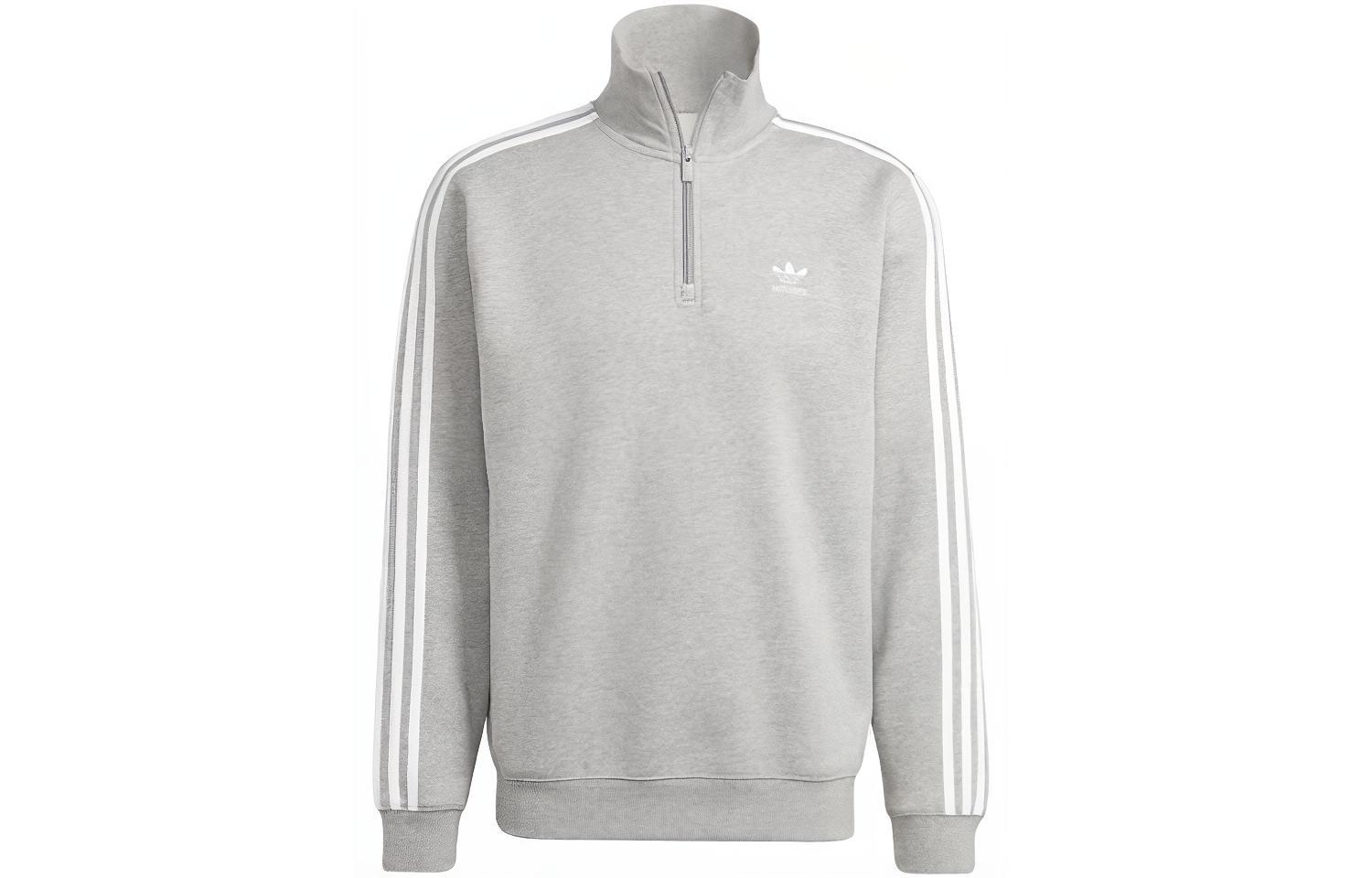 adidas Originals Tri-Stripe Logo Grey Stand-Collar Long-Sleeve Sweatshirt Men IL2497