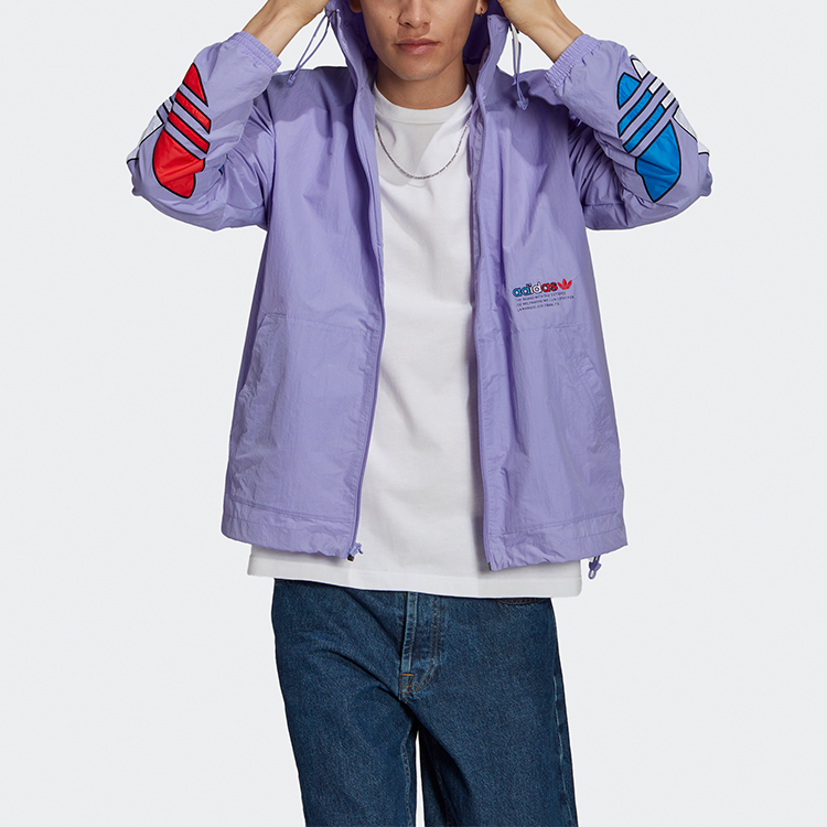Shop アディダスオリジナル トリコル ウィンドブレーカー ロゴ フーディー ライトパープル メンズ GN3560