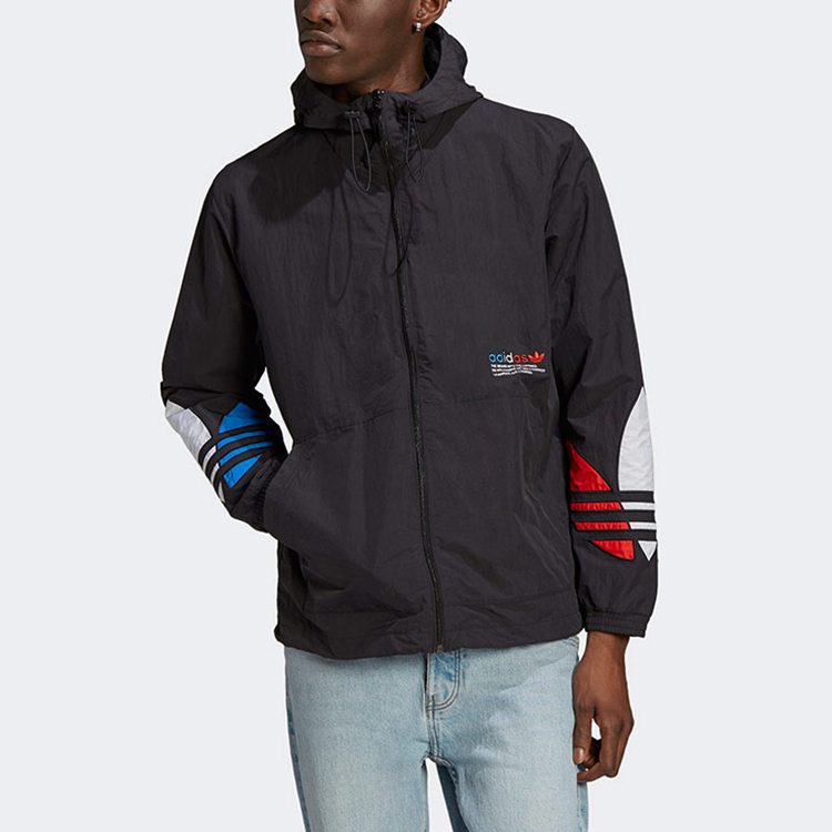 Shop adidas Originals Tricolor Windbreaker Hooded Jacket Hitam Lari秋 GN3559