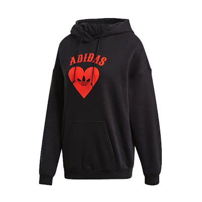 adidas Originals V-Day Heart Print Pullover Hoodie Unisex - Black FH8565