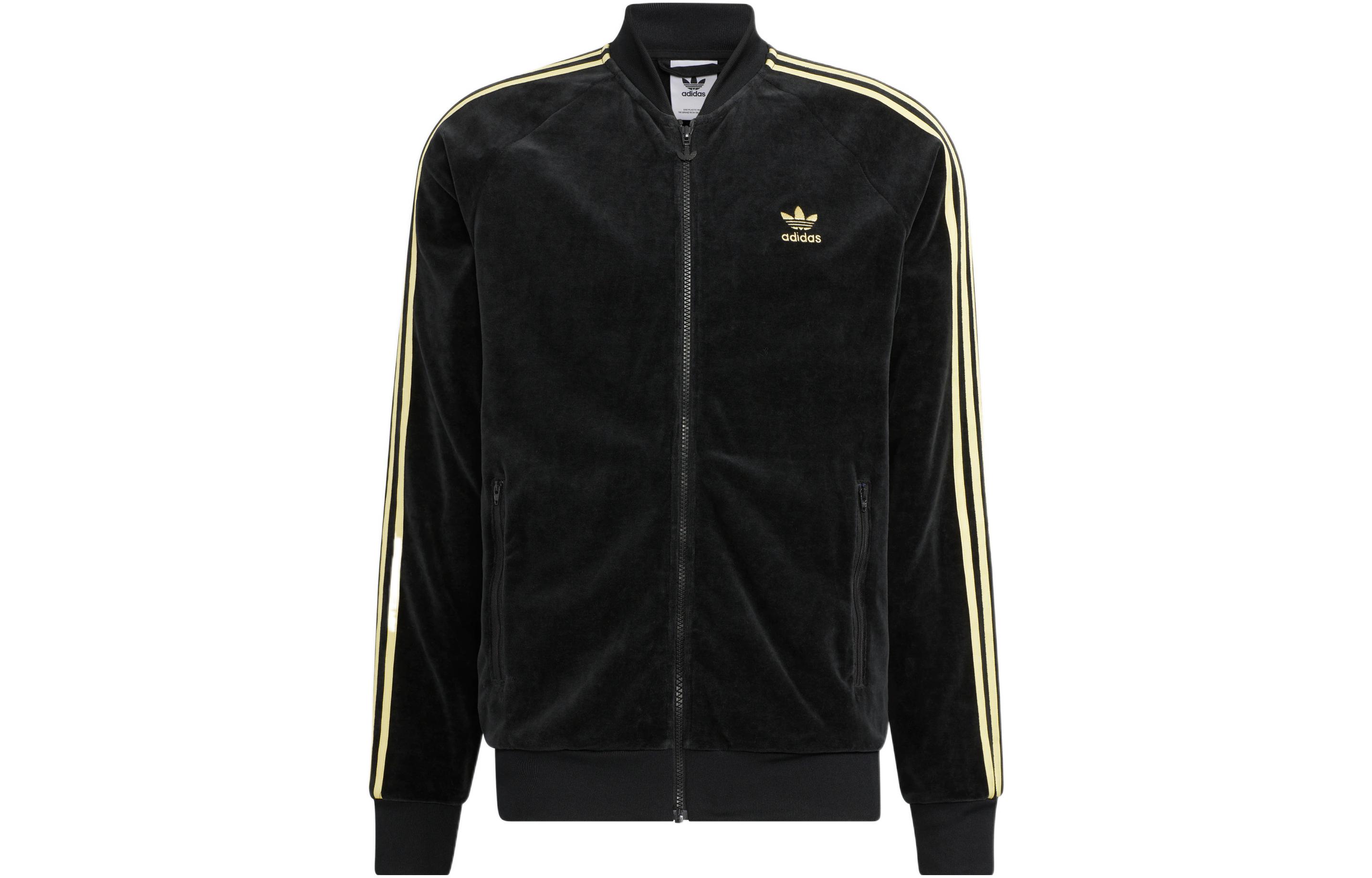 adidas Originals Velour Stripe Logo Embroidered Zip Jacket Black () HR3445