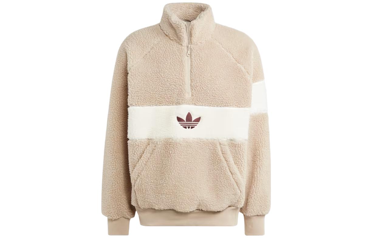 adidas Originals Winter Fleece Jacket Beige Retro Colorblock Logo Outerwear HZ0719