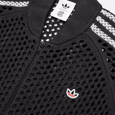adidas Originals x CLOT Track FW24 Unisex Black Mesh Knit Sweater. JF4267 Details for adidas Originals x CLOT Track FW24 Unisex Black Mesh Knit Sweater. JF4267