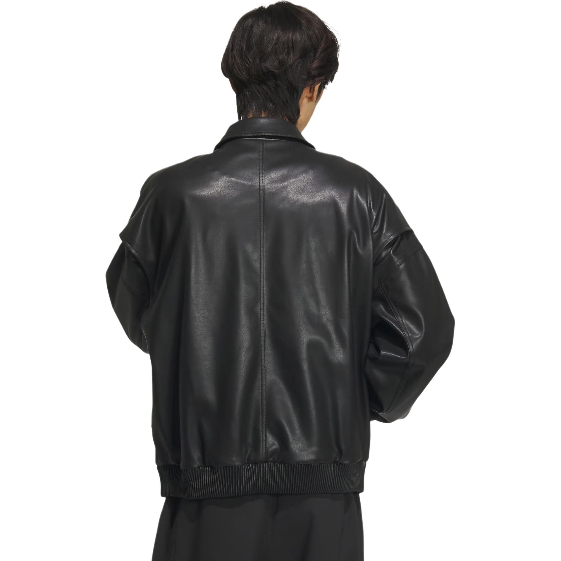 Shop adidas Originals x 阮菲菲 FW23 黑色皮夹克带标志设计 男女同款 IX4244