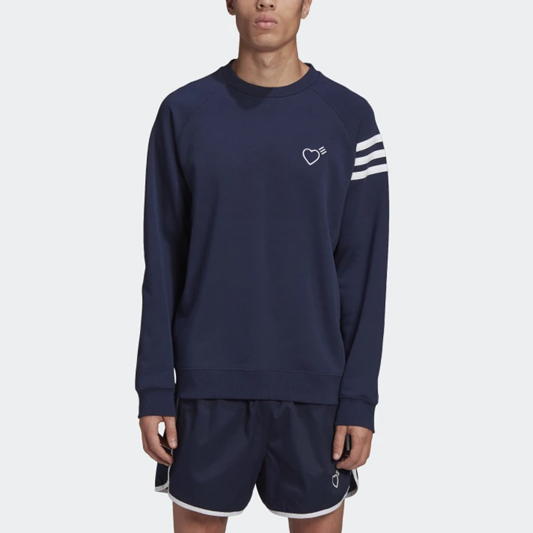 Shop adidas Originals x HUMAN MADE Baju Navy Berjalur Kelabu Kolaborasi. GM4268