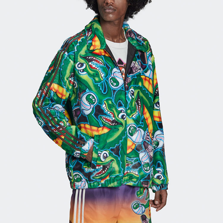 Sizing 阿迪达斯Originals x Kerwin Frost绿色卡通印花仿皮草夹克男款 H66306