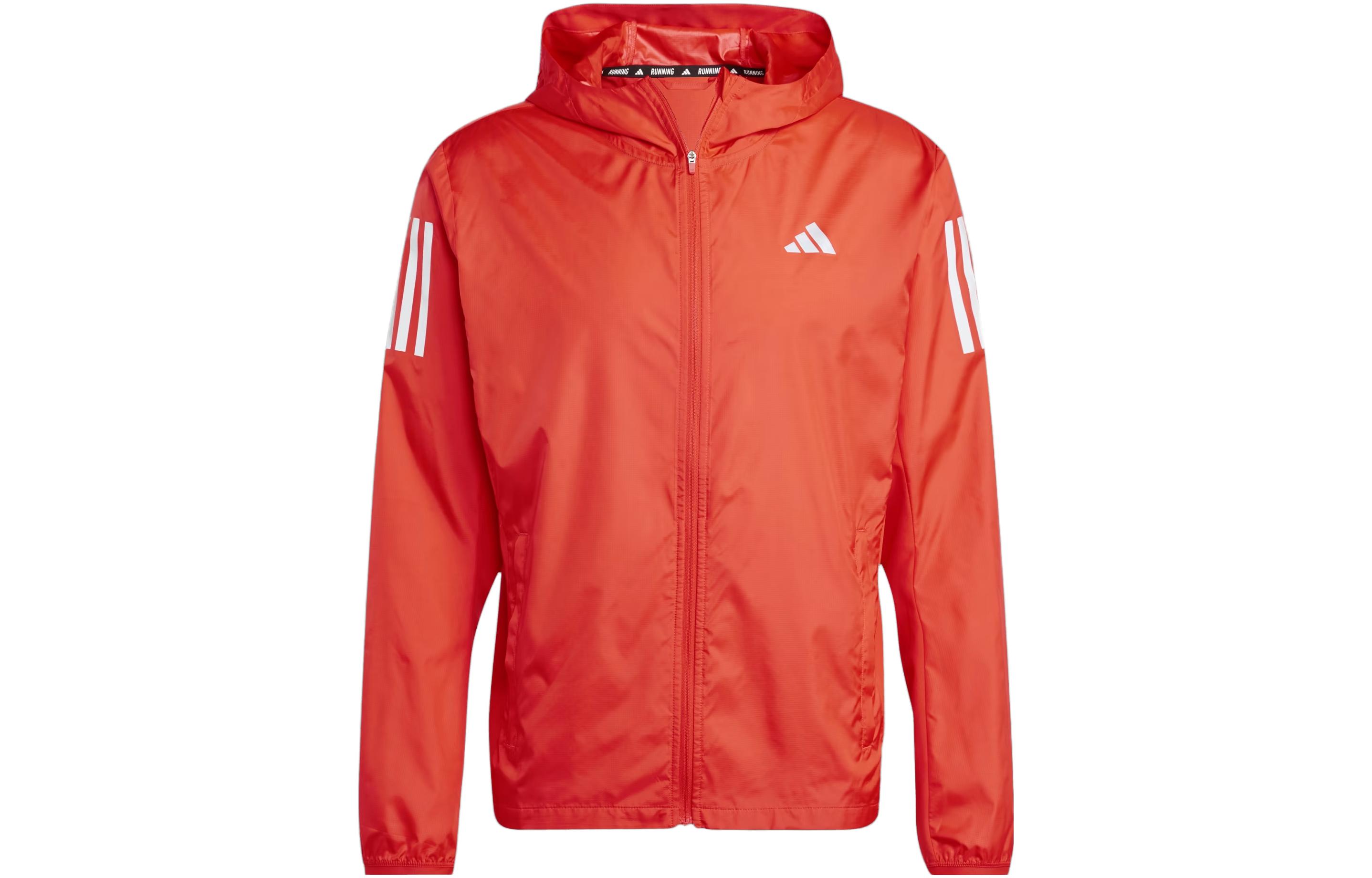 adidas Own The Run Red Hooded Jacket Colorblock 3-Stripes Logo Design IL4791