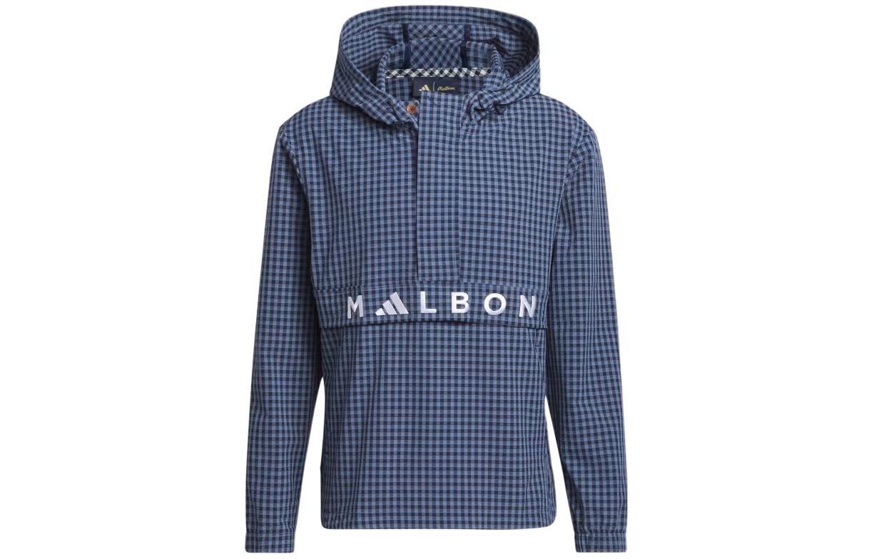 adidas Plaid Logo Pullover Hoodie Jacket Navy Blue IN7201