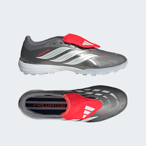 Adidas PREDATOR PRO Turf Soccer Shoes Fold-Over Tongue Training Sneakers Iron Metallic/Zero Metalic/Lucid Red JR7864