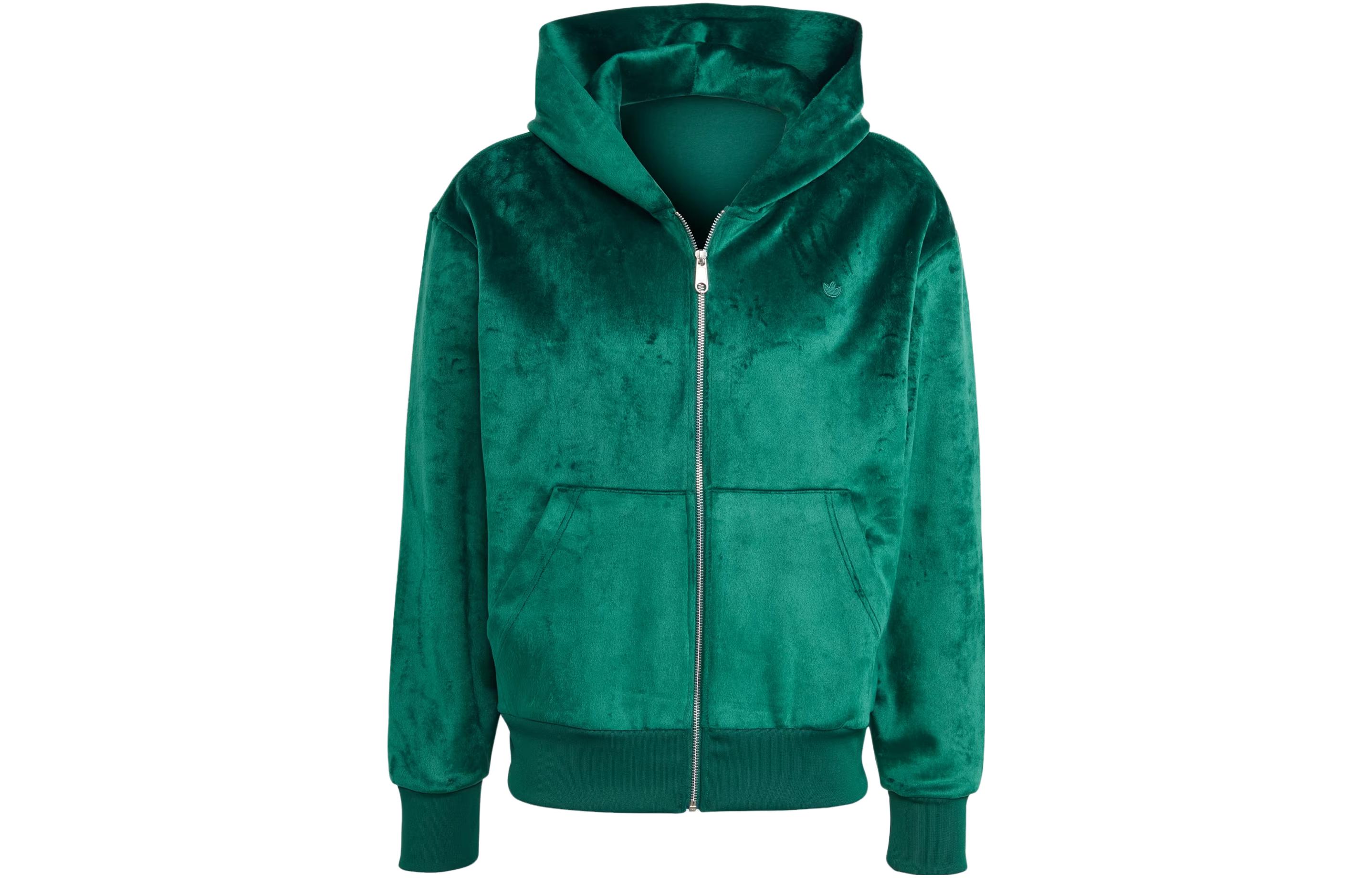 adidas Premium Essentials+ Velour Full Zip Hoodie Green Mens Logo Jacket II5806