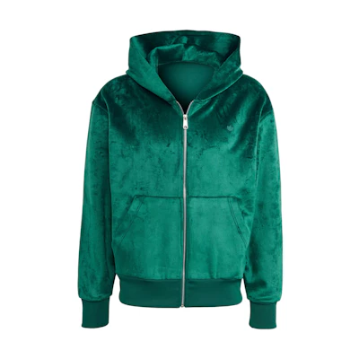adidas Premium Essentials+ Velour Full Zip Hoodie Green Mens Logo Jacket II5806