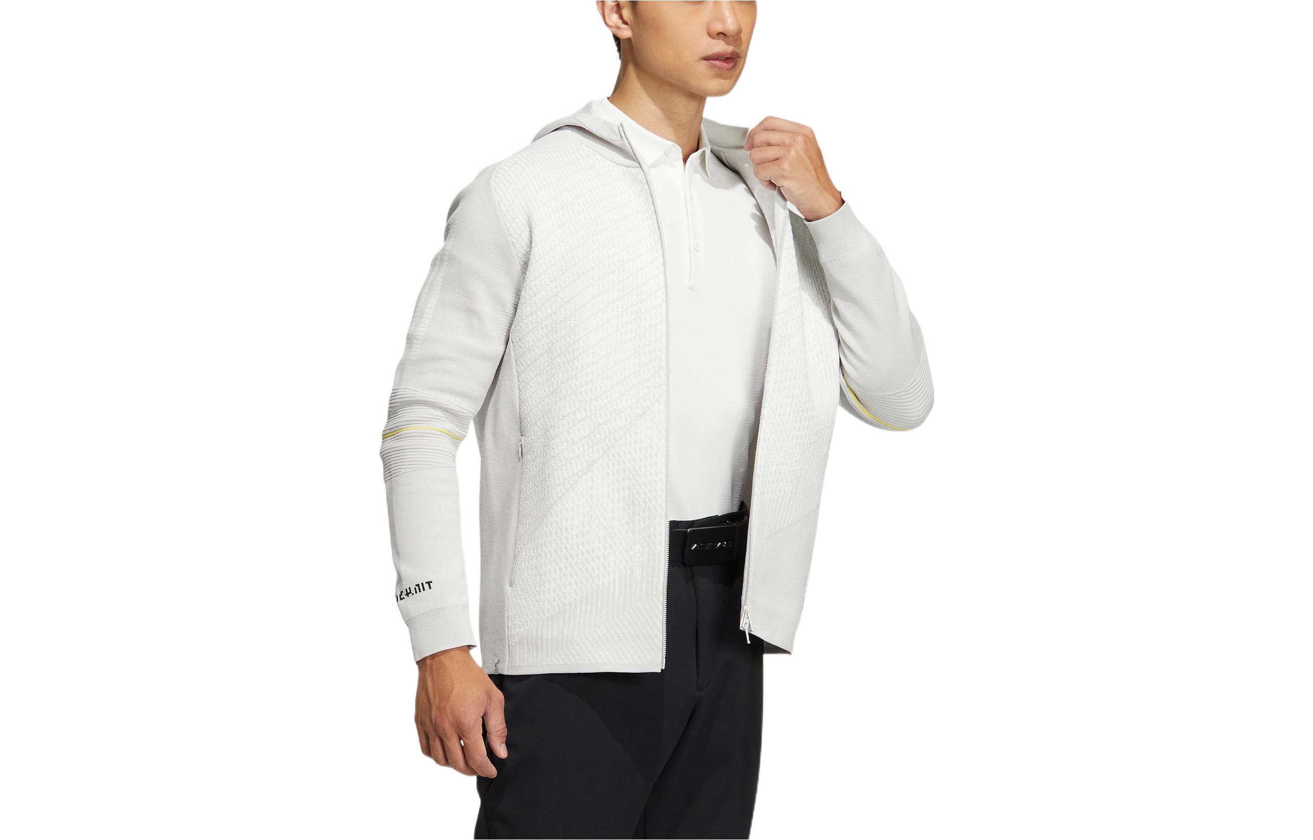 Shop adidas Primeknit 白色拉鍊帽T外套，條紋刺繡設計。 HG4130