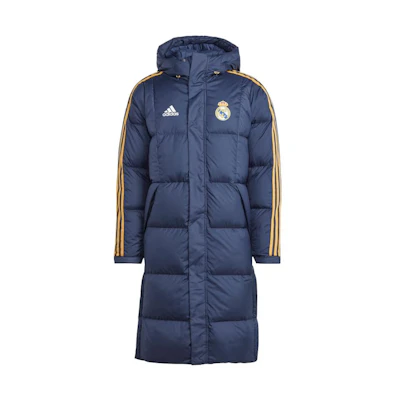 adidas Real Madrid DNA Down Coat Ink Blue Hooded Jacket with Stripes HY0616