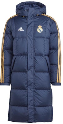 adidas Real Madrid DNA Down Coat Ink Blue Hooded Jacket with Stripes HY0616 Order adidas Real Madrid DNA Down Coat Ink Blue Hooded Jacket with Stripes HY0616