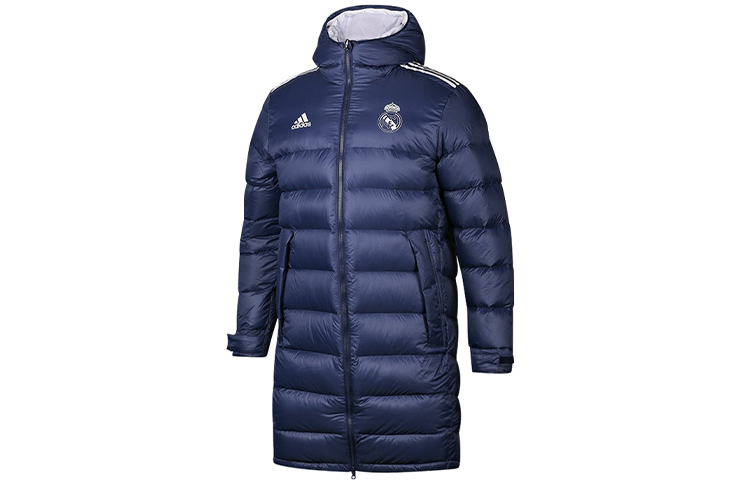 adidas Real Madrid Long Hooded Down Jacket for Men Winter Dark Blue FQ3317