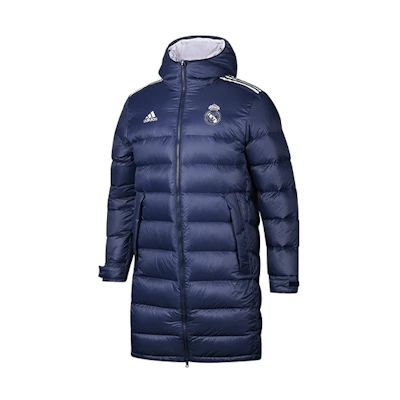 adidas Real Madrid Long Hooded Down Jacket for Men Winter Dark Blue FQ3317