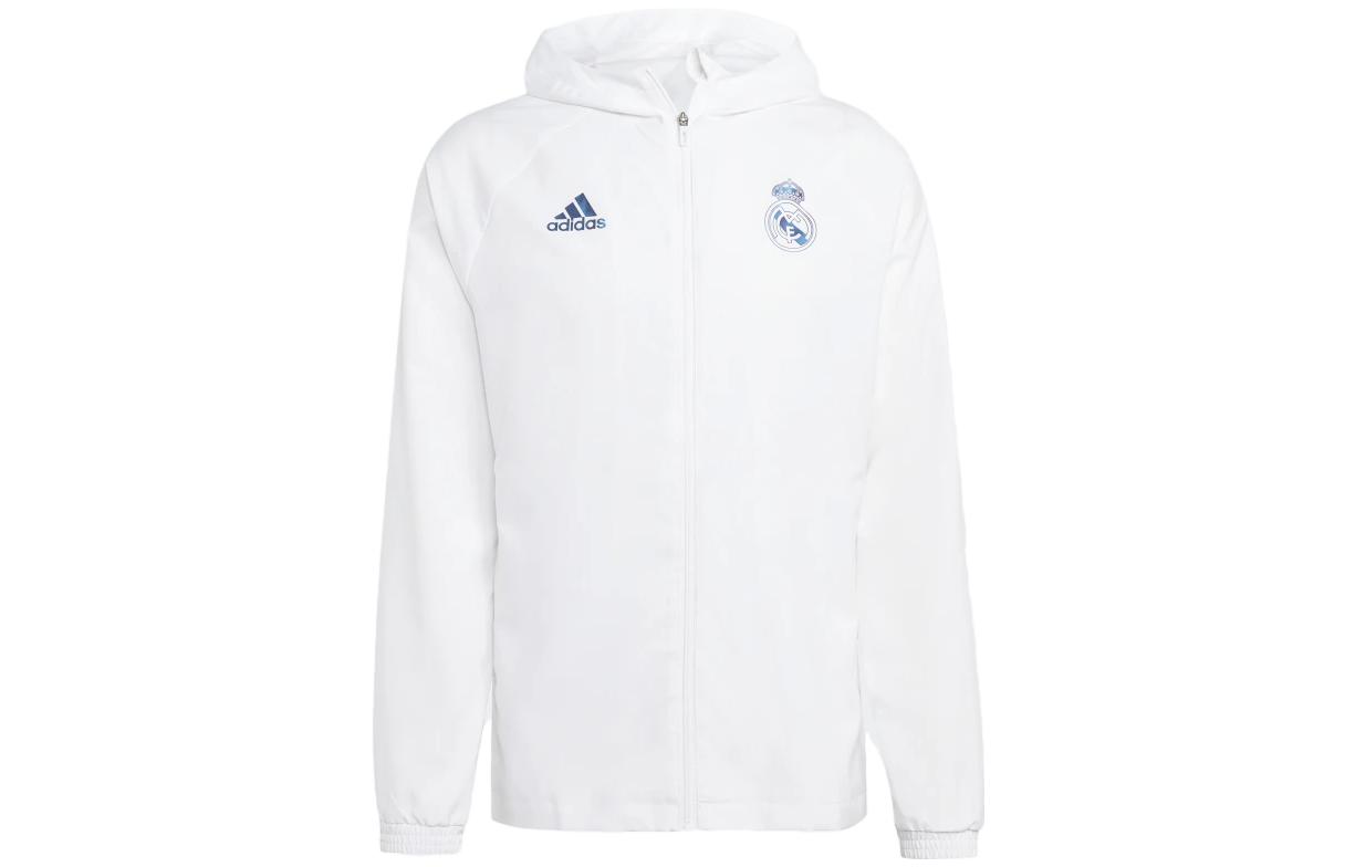 adidas Real Madrid White Football Casual Hoodie Jacket for Men with Logo Print HT6459