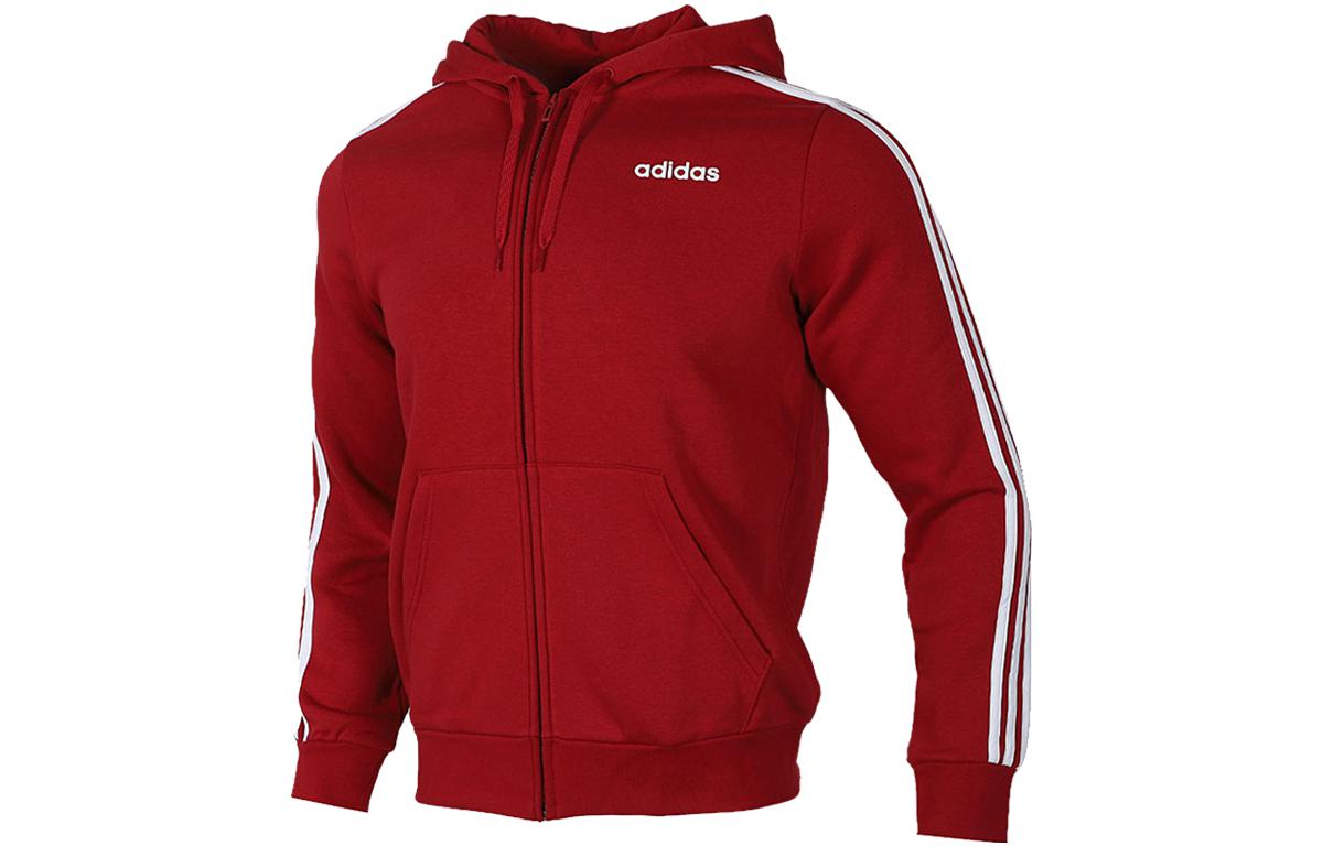 adidas Red Cotton Hoodie Jacket with Logo Print and Three-Stripe Detail FI0807
