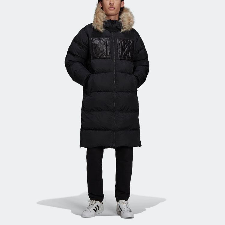 Lookbook adidas Regen Puff Long Black Hooded Puffer Jacket for Casual Wear. H11803