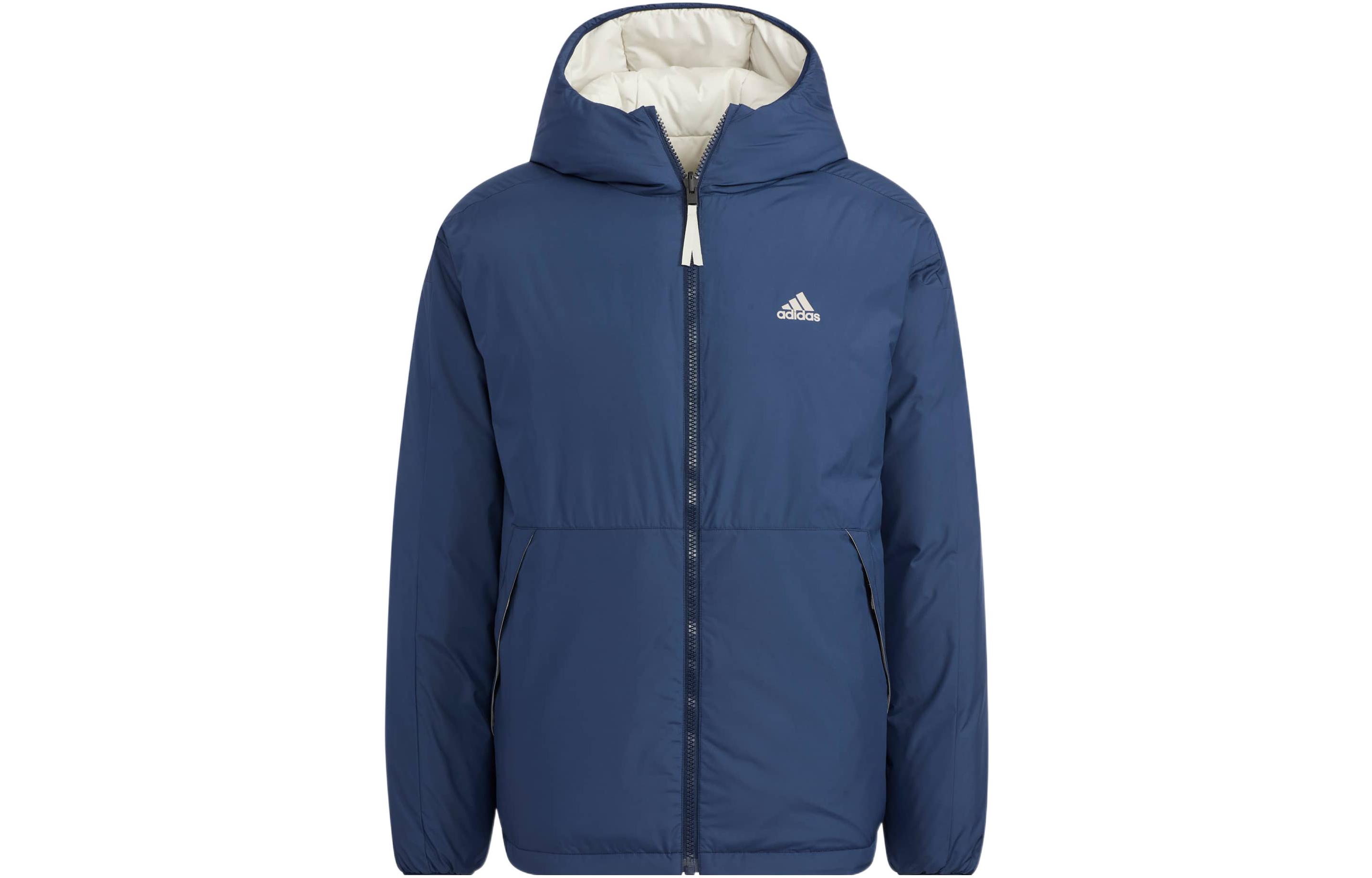 Order adidas Reversible Down Jacket Logo Print Stand Collar Puffer Jacket Blue Men. HR5242