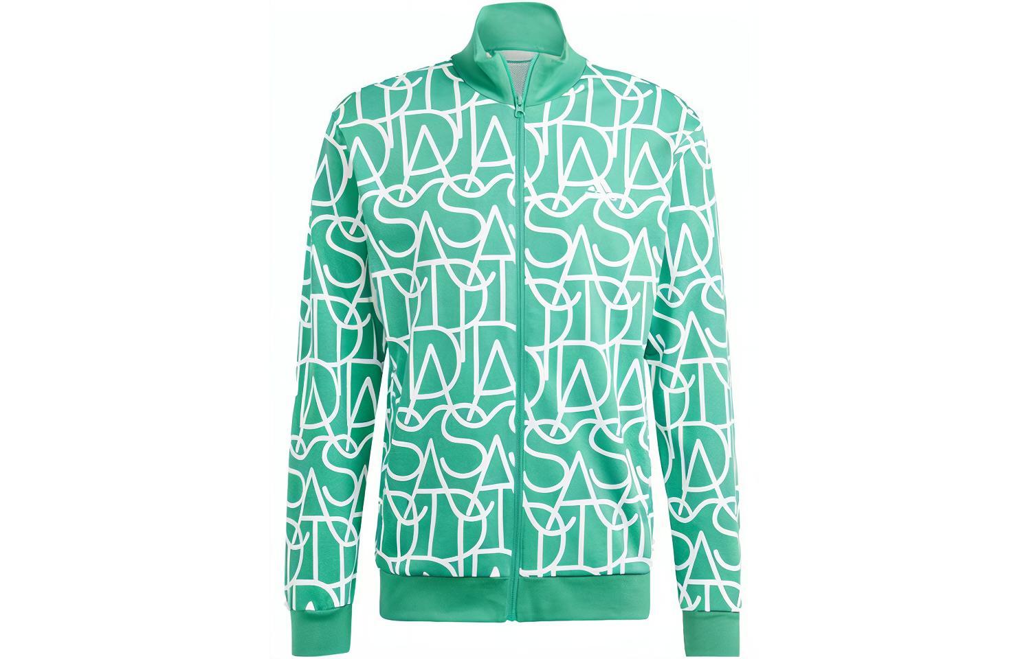 adidas Script Track Top Green Letter Print High-Neck Jacket HZ3087