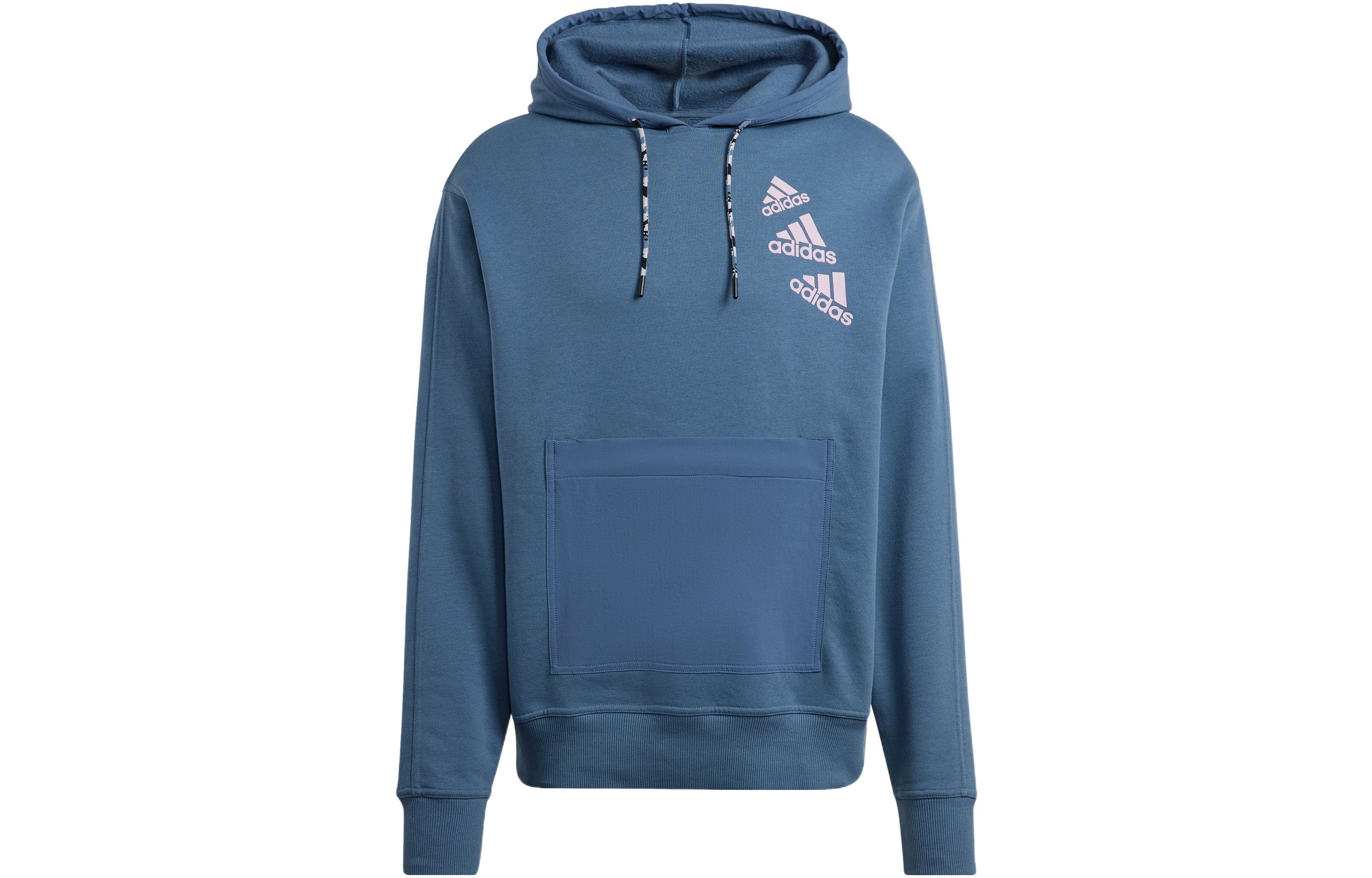 adidas Solid Color Brand Print Hoodie Unisex Blue Long-Sleeve Pullover HL9382