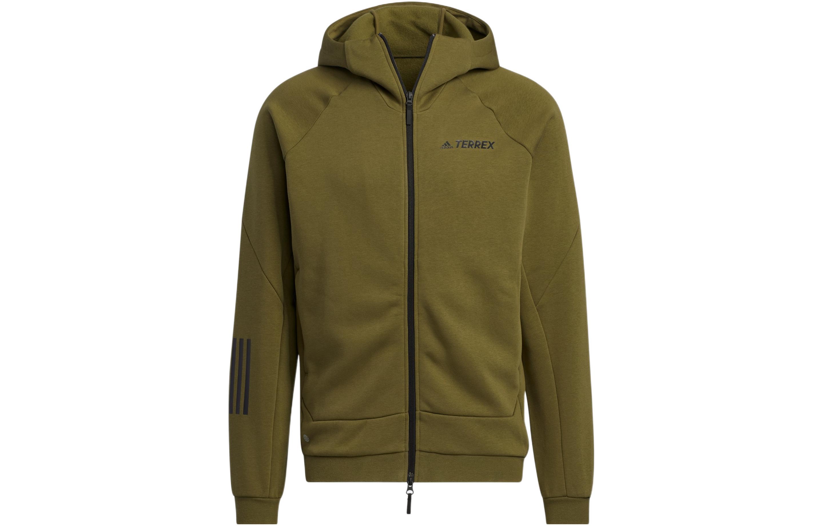 adidas Solid Color Green 3-Stripes Logo Zip Hoodie Unisex HM9709