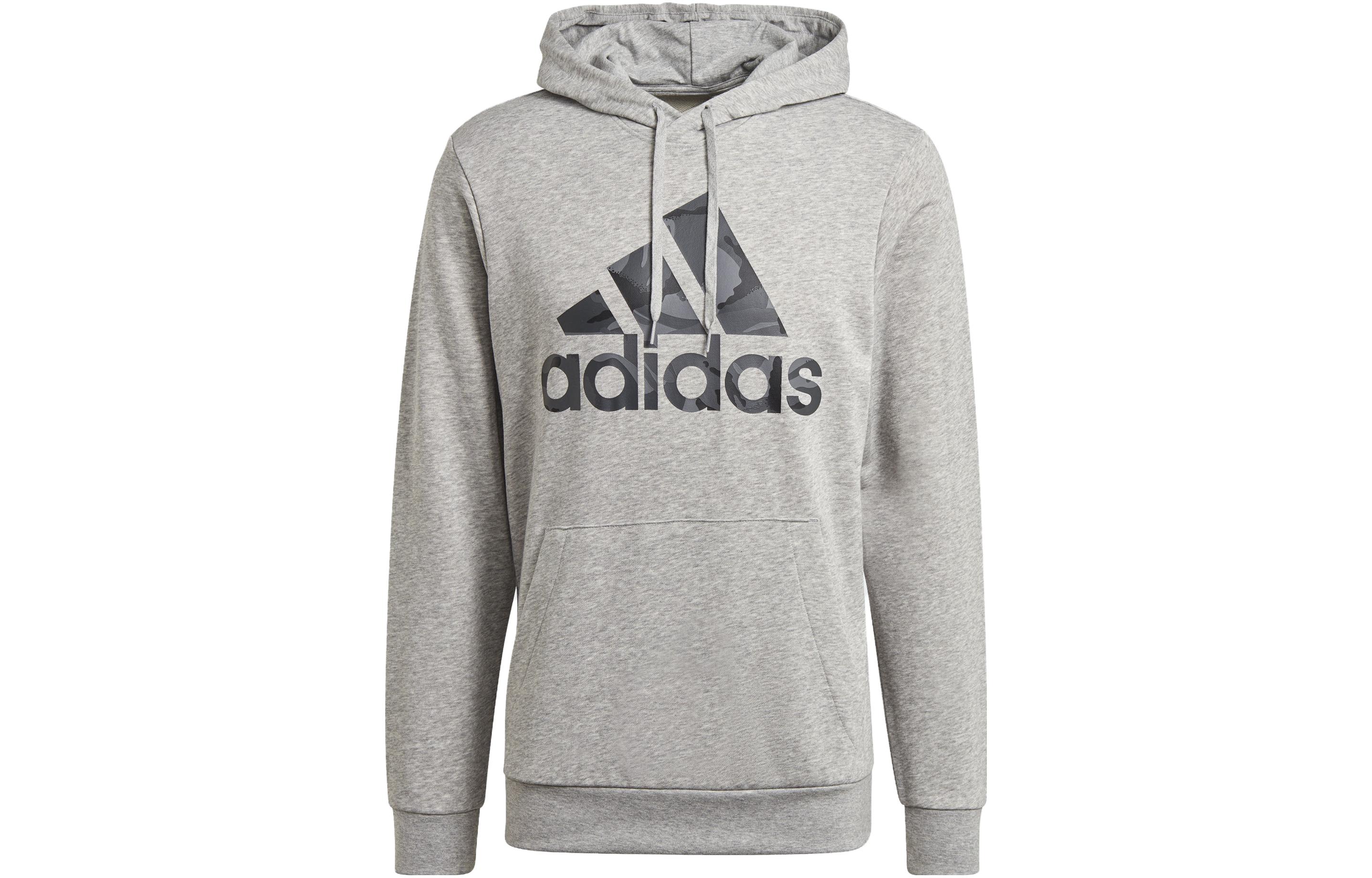 adidas Solid Color Logo Print Drawstring Hoodie Grey GL0020