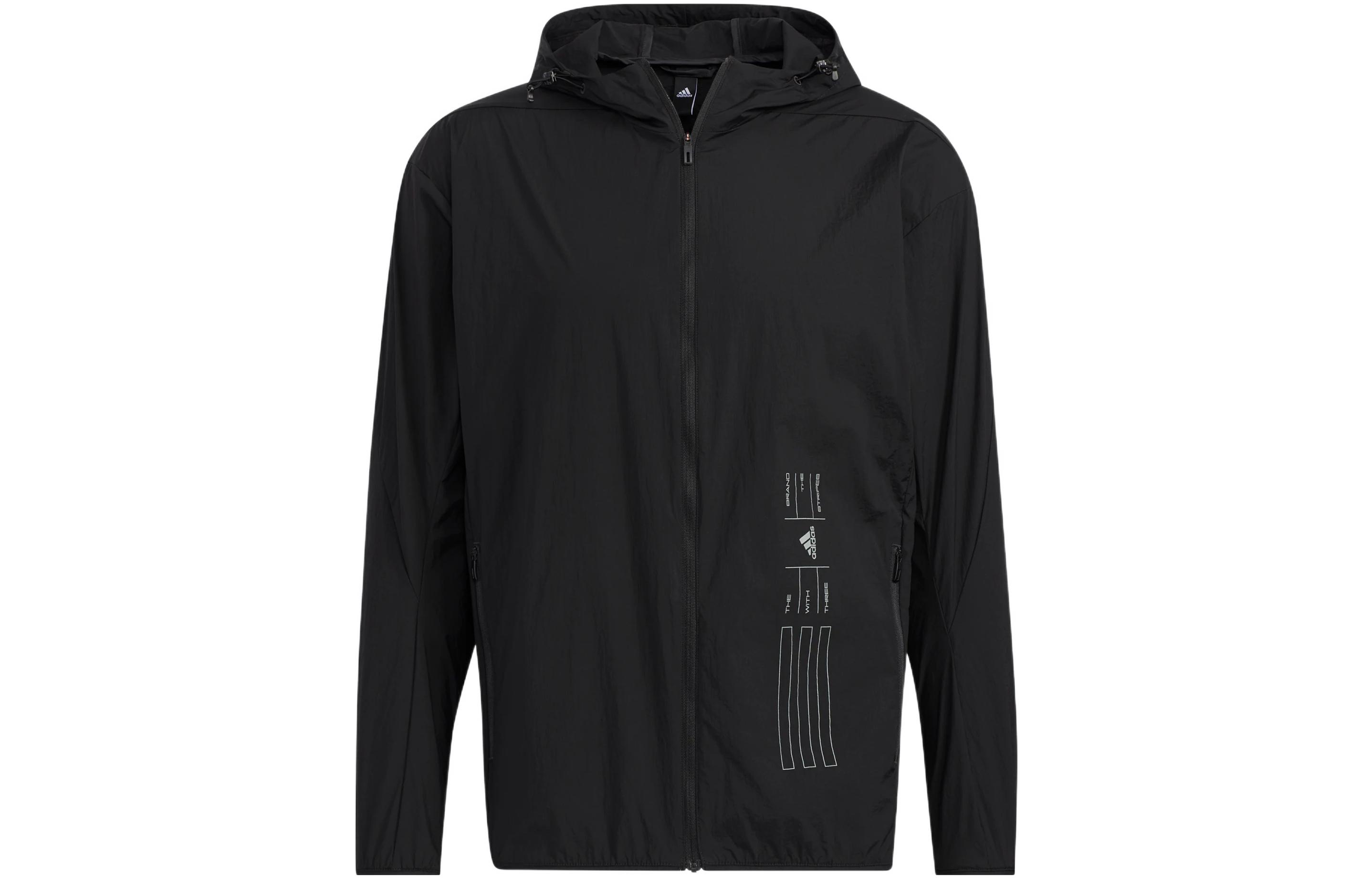 adidas Solid Color Sports Hoodie Jacket - Black HE9915