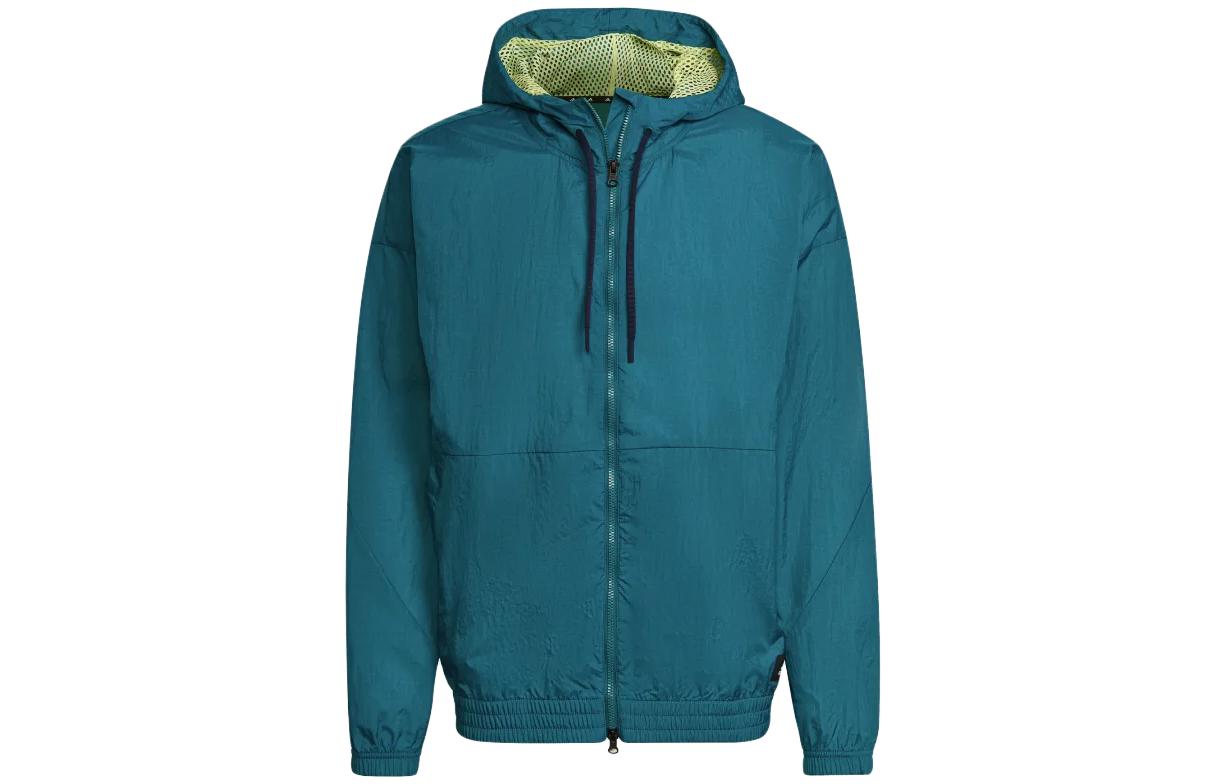 adidas Solid Color Zip-Up Drawstring Hoodie Jacket Blue HF4854