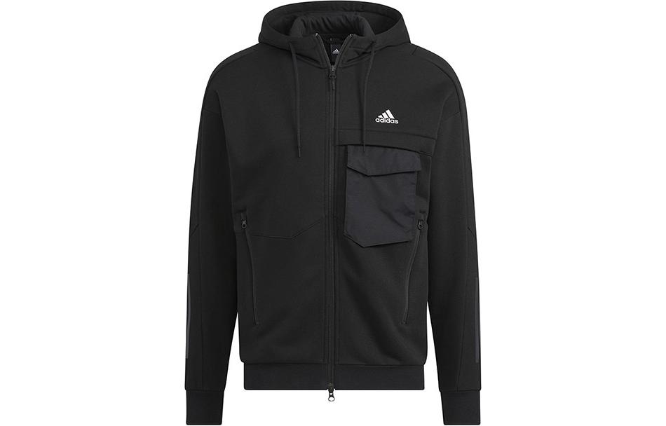 adidas Solid Logo Print Hoodie Jacket Black HN9031