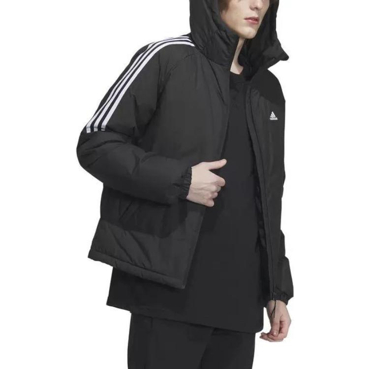 Shop adidas運動防風側條紋黑色連帽羽絨外套 IT8730