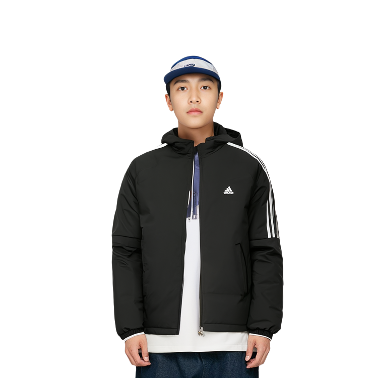 Sizing adidas運動防風側條紋黑色連帽羽絨外套 IT8730