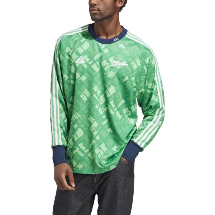 Shop 아디다스 SS23 그린 스트라이프 로고 프린트 긴팔 크루넥 스웻셔츠 HT7193