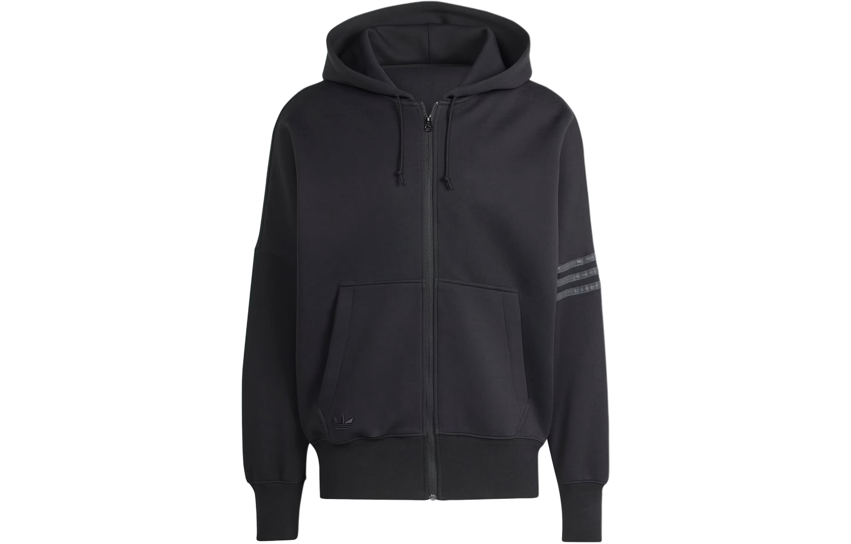 adidas Street Neuclassics Black Full-Zip Hoodie Relaxed Fit 3-Stripe袖 IR9429