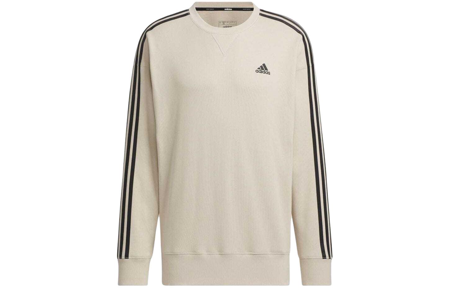 adidas Stripe Logo Print Crewneck Pullover Sweatshirt Beige JF3990