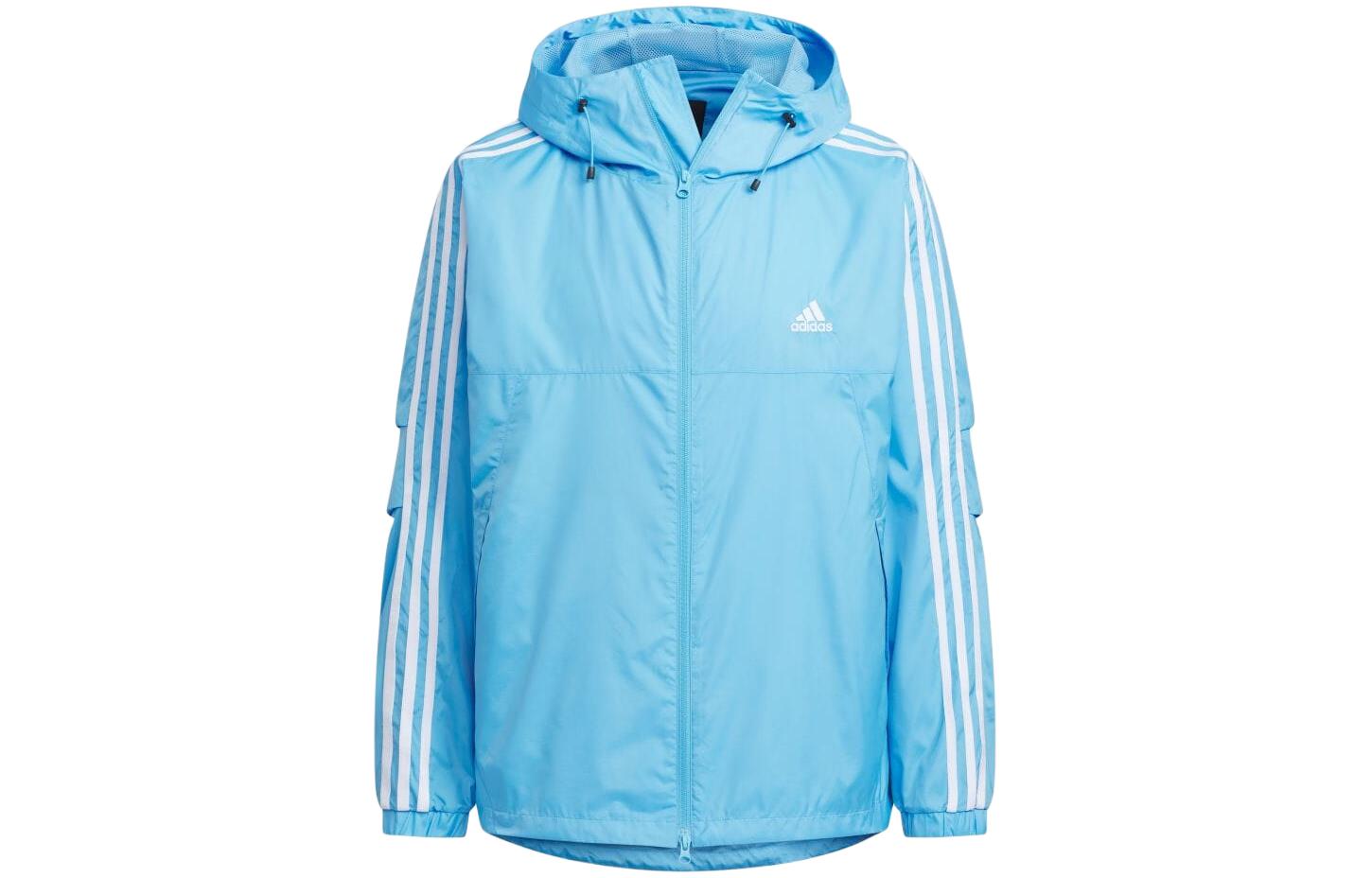 adidas Striped Logo Printed Hooded Zip Jacket - Light Blue JF3957
