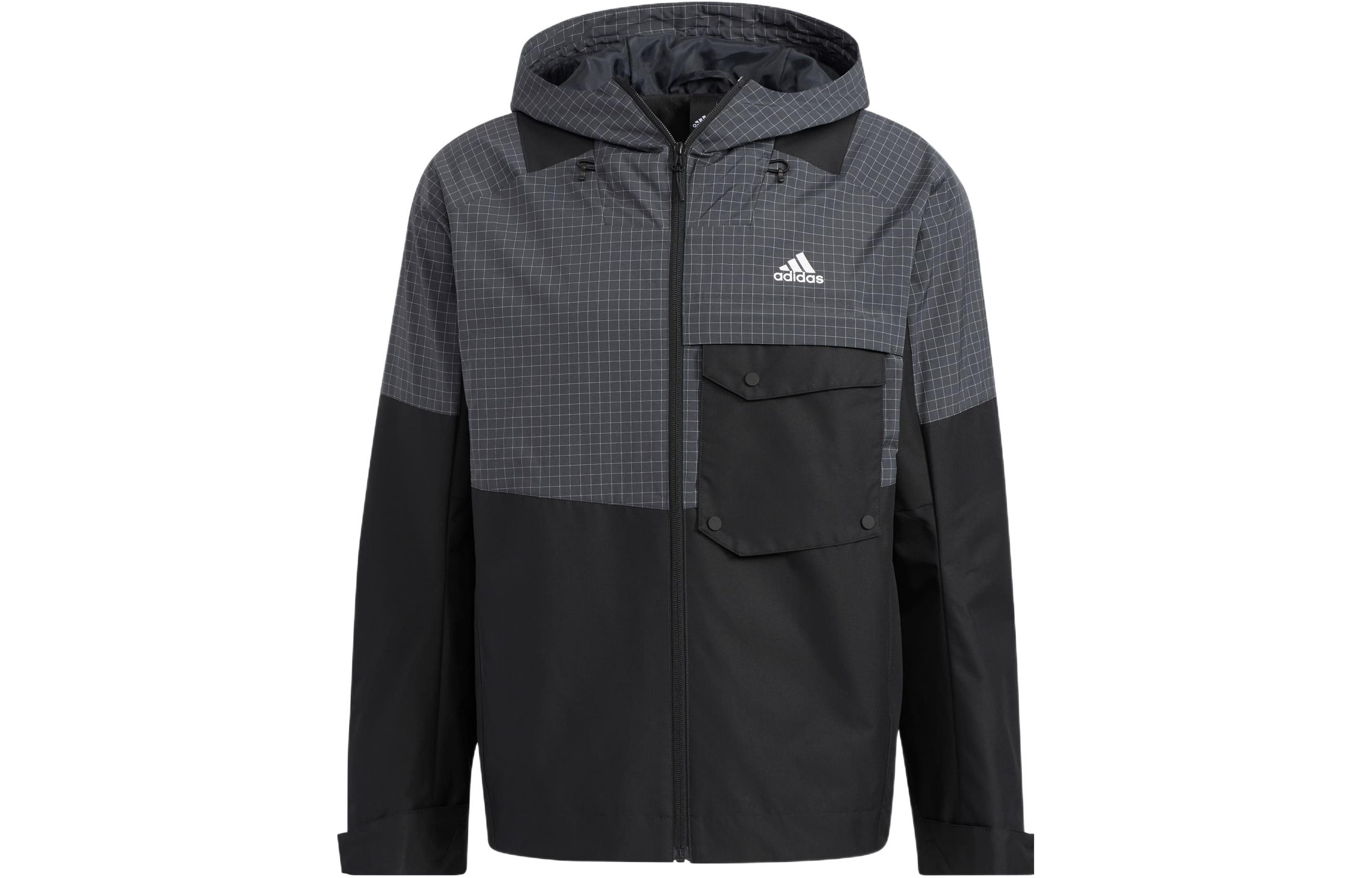adidas TH VIS WVJKT Black Checkered Logo Pocket Zip Hoodie Jacket Mens HN9041