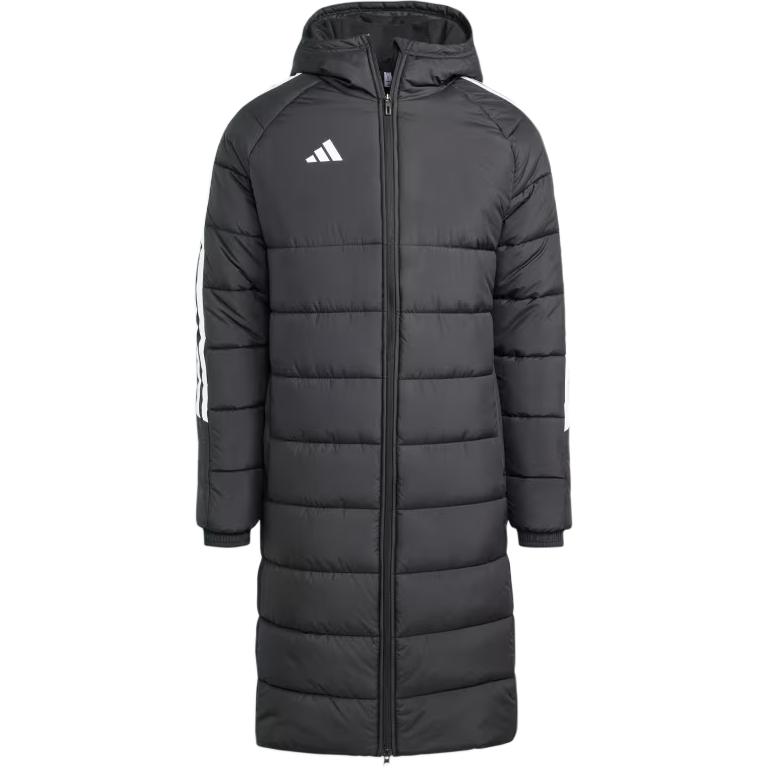 adidas Tiro 24 Long Coat Black Hooded Jacket with Logo and Stripes IJ7389